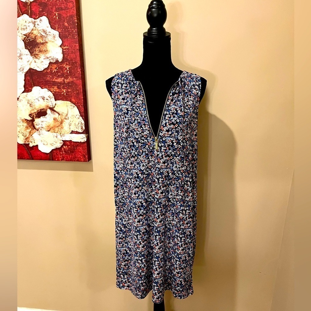 Michael Kors Small Floral Print Sheath Dress with Logo Gold Zipper V Neck, Med